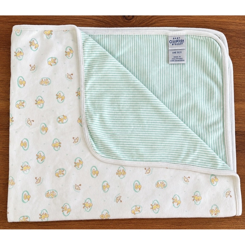 Vintage Osh Kosh Baby Chick Duck Bird Stripes Green Blanket 31x27